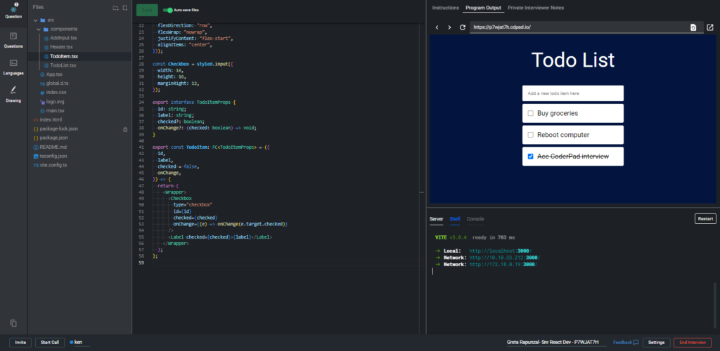 An example pad with code in the left window and interviewer notes in the right window. A big green run button is in the top left.