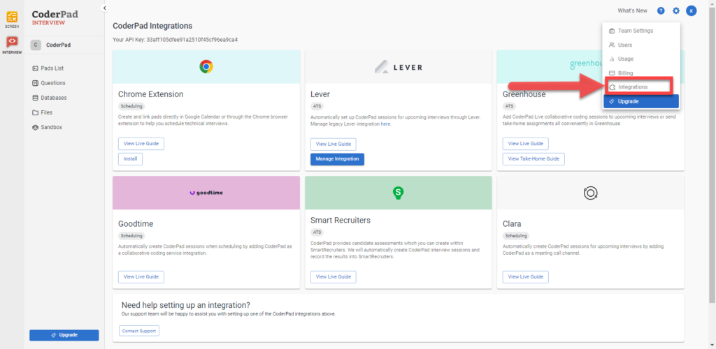 The interview integrations page. In the top right the profile dropdown menu is shown with the integrations option highlighted.