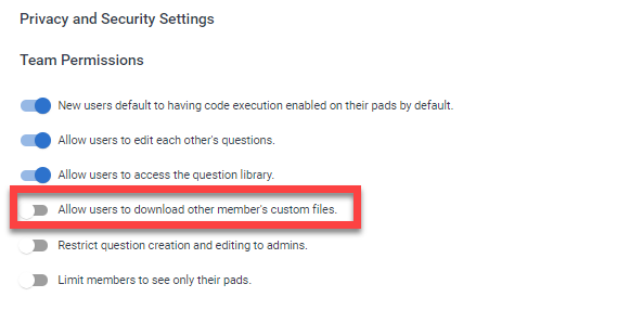 Sur la page "autorisations de l'équipe", dans la section "paramètres de confidentialité et de sécurité", l'option "Autoriser les utilisateurs à télécharger les fichiers personnalisés des autres membres" est mise en évidence.