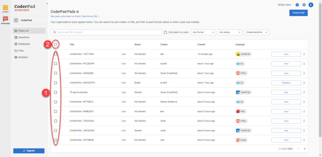 A list of pads. You can select pads individually (there's a checkbox on the left of each pad in the list) or all pads by selecting the checkbox in the header row.