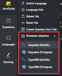The database adapters menu is shown and lists 4 different ORMs for javascript.