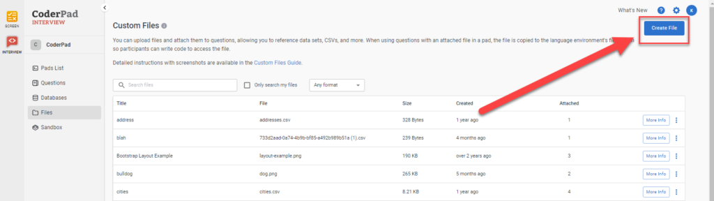On the custom files page the "create file" button is highlighted in the top right of the screen.
