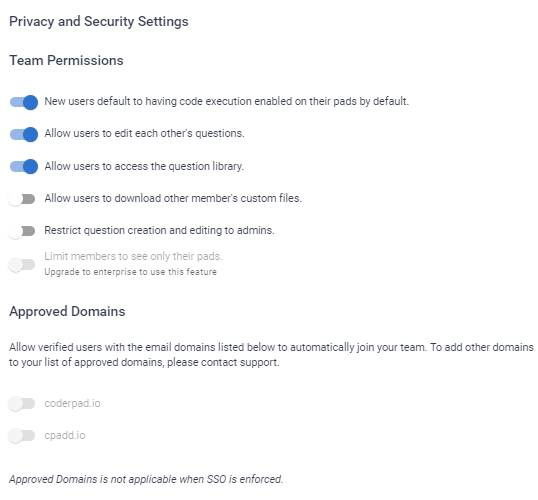The privacy and security settings window with team permissions and approved domains options.