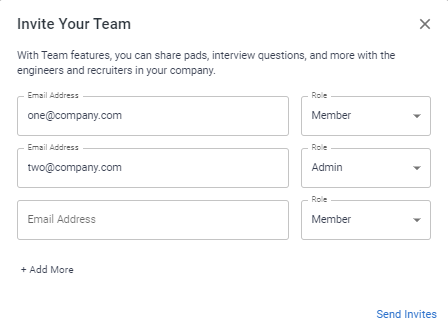 The Invite additional team members window with an area to input email addresses and select their access role.