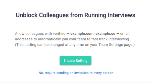  "unblock colleagues from running interviews" window with an "enable settings" button displayed.