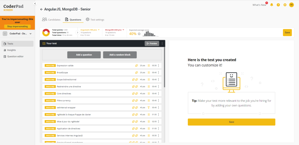 Screen shot of the Customize Test main page. 