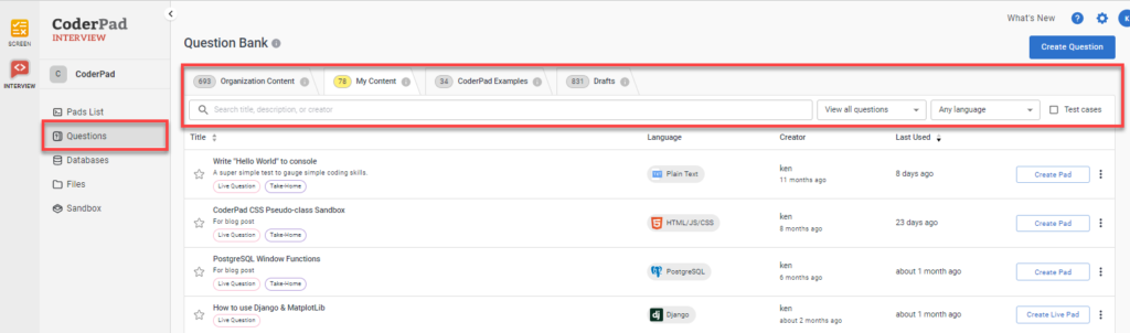 The question bank is shown with the header tabs highlighted. They are "organization content", "my content", "coderpad examples", and "drafts".