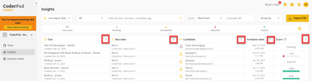 The test lists with the ordering buttons highlighted for the test, recruiter, candidate, invitation date, and comparative score columns.