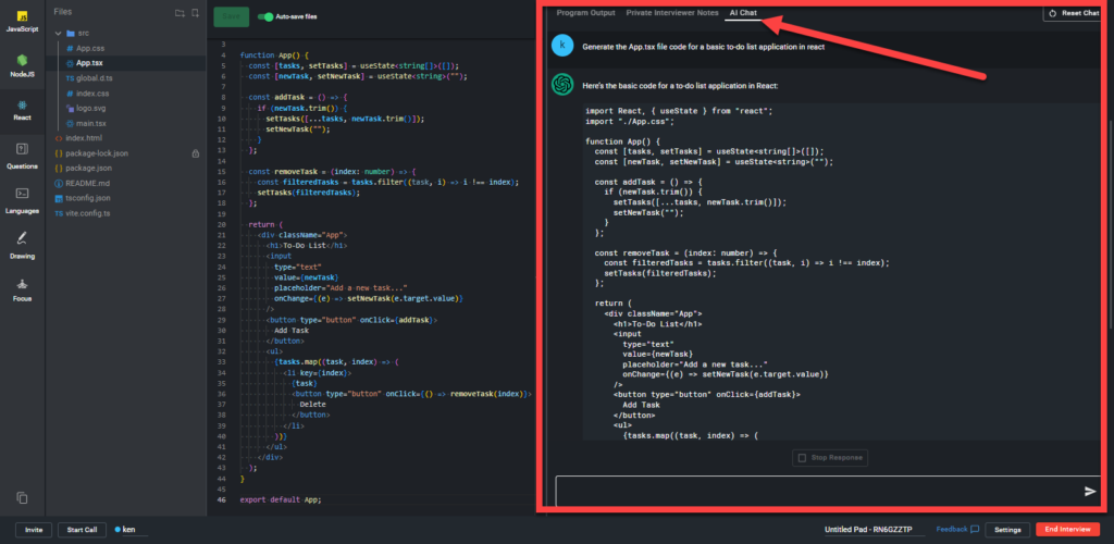 An Interview pad with the "AI Chat" tab selected on the right side of the pad. The chatgpt window is shown with an example question and answer.