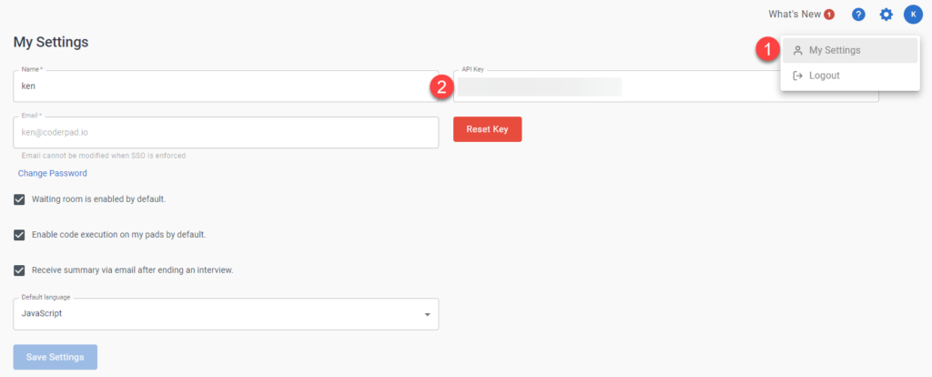Coderpad profile dropdown menu is shown with the "my settings" option highlighted and a #1 next to it. There is a #2 next to the api key field.