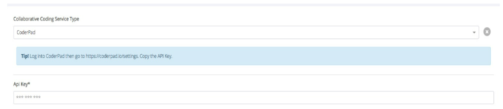 The Collaborative Coding page in good time is shown. In the Coderpad section the api key field is highlighted.