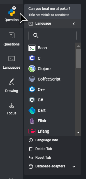 A mouse icon is hovering over a question tab and the drop down menu is shown, including the language menu item with a list of languages below.