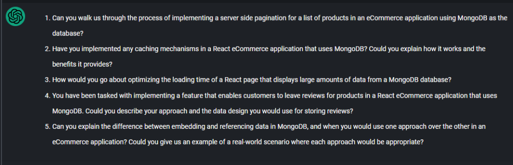 How would you design the React component structure for an eCommerce application with product listing, product details, shopping cart, and checkout features? Please explain the reasoning behind your choices, and discuss the use of class components, functional components, and hooks.

Imagine you need to implement a product search feature that provides autocomplete suggestions as the user types in a search query. Describe your approach to implementing this feature in React, considering performance and user experience. How would you handle debouncing and fetching data from the MongoDB database?

In an eCommerce application, it's important to ensure that the shopping cart remains consistent across different devices and sessions for a logged-in user. How would you manage the state of the shopping cart in a React application? Discuss your approach to persisting the cart data, synchronizing it with the MongoDB database, and handling potential conflicts.

Our eCommerce application has a dashboard for sellers to manage their products, orders, and customer information. Implement a higher-order component (HOC) or custom hook to handle user authentication and authorization, ensuring that only users with the "seller" role can access the dashboard. How would you manage server-side authentication and role-based access control using the data stored in MongoDB?

As the application grows, performance optimization becomes critical. Describe your approach to optimizing the performance of the eCommerce React application, considering techniques like lazy loading, code splitting, and memoization. How would you leverage the MongoDB database to improve the performance of queries and data retrieval?