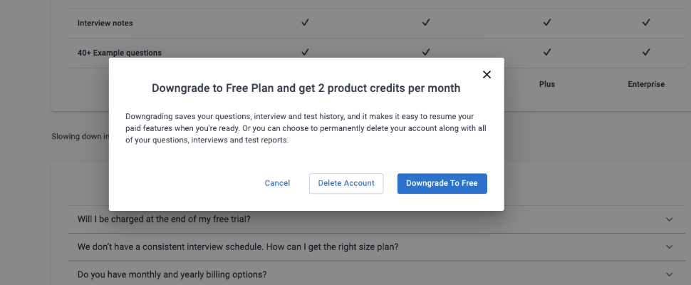 The downgrade window is shown with the options to "downgrade to free with 2 product credits per month" and "Delete account".