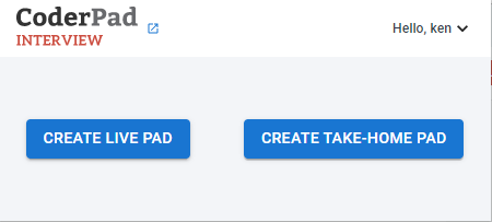 The coderpad window is open with the "create live pad" and "create take-home pad" buttons displayed.