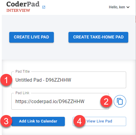 The coderpad window is open with the "create live pad" and "create take home pad" buttons displayed. Below is 1 - the pad title, 2 - the pad link, 3 - the "add link to calendar" button, and 4- the "view live pad" button.