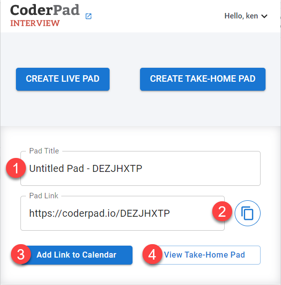 The coderpad window is open with the "create live pad" and "create take home pad" buttons displayed. Below is 1 - the pad title, 2 - the pad link, 3 - the "add link to calendar" button, and 4- the "view take-home pad" button.