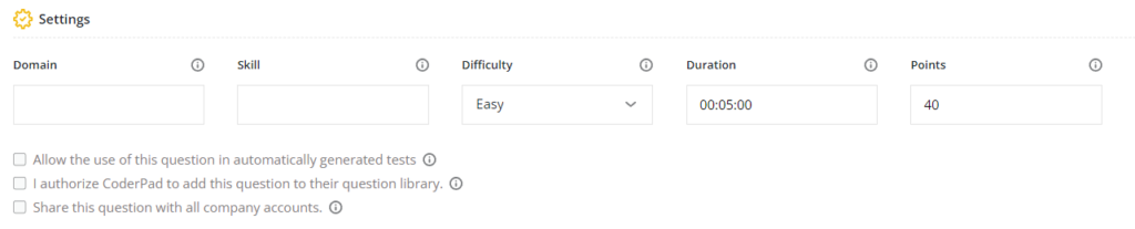 Question settings section to select domain, skill, difficulty, duration, and points.