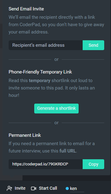 Le bouton Inviter s'affiche et le menu contextuel s'affiche avec les options "envoyer une invitation par courriel", "lien temporaire adapté au téléphone" et "lien permanent".
