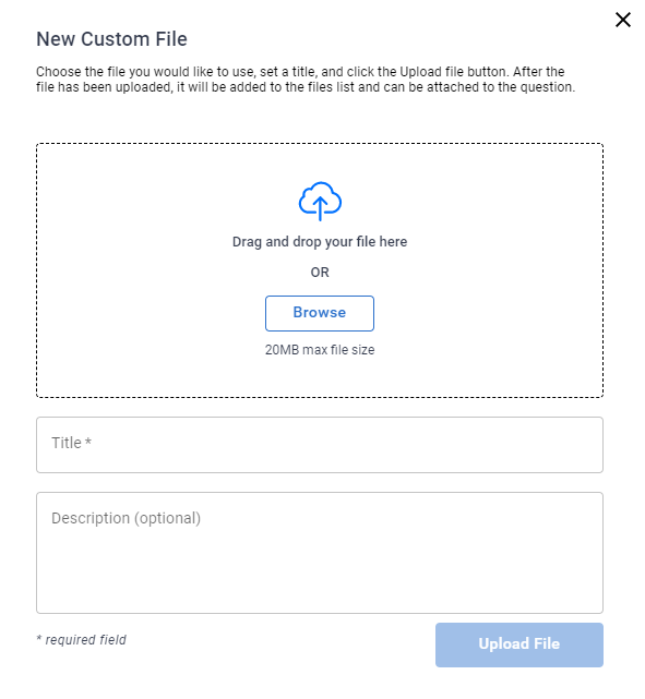 File upload popup. There is a place to drag and drop  the file, add a tile, and add a description.