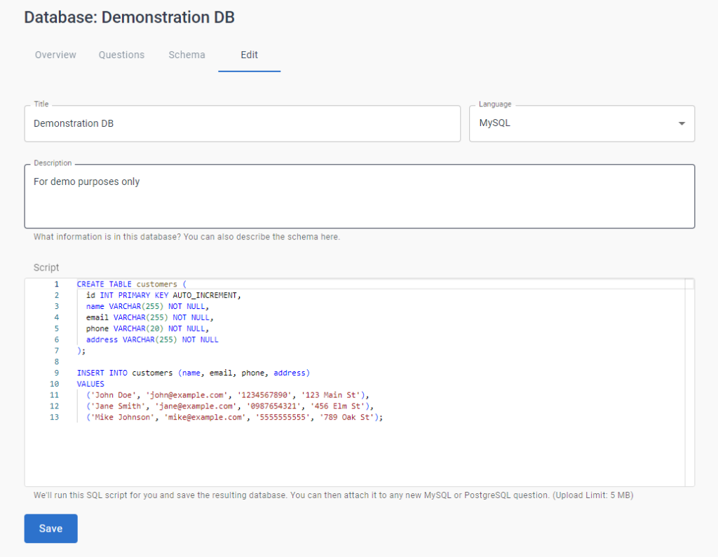 The database customization window is open with the title, language, description, and script fields shown. 