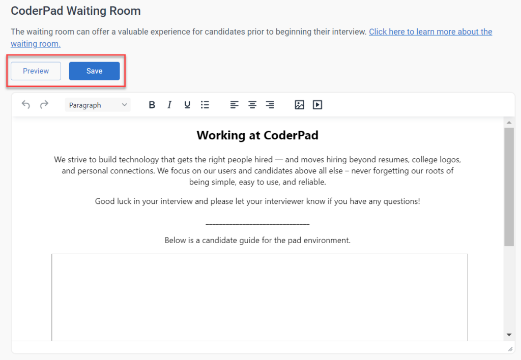 The waiting room editor page is shown. There is a "preview" and "save" button above a text editor.