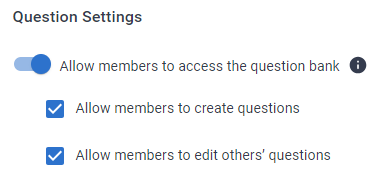 Dans les paramètres des questions, la case "autoriser les membres à accéder à la banque de questions" est activée et les cases "autoriser les membres à créer des questions" et "autoriser les membres à modifier les questions des autres" sont cochées.