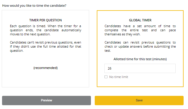 How would you like to time the candidate? Timer per question (recommended) option and global timer option are displayed. Under the global timer box there is an input box labelled "allotted time for this test (minutes)".