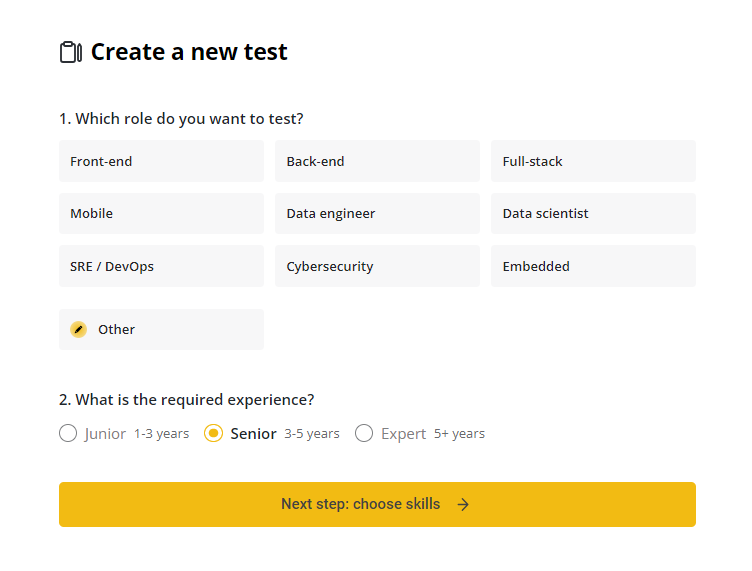 The test creation page is shown with role selection and experience options shown.