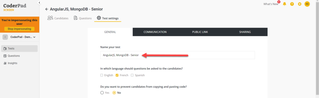 The test settings page is shown and the "name your test" field is highlighted.