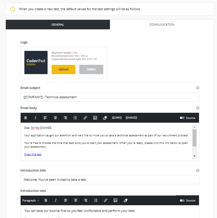 The Communication tab under the default test settings page is shown. the sections displayed include the Logo editing section, the email customization section, and the introduction page customization section.
