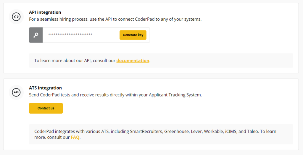 API Integration page with a "generate key" button next to an API key field.