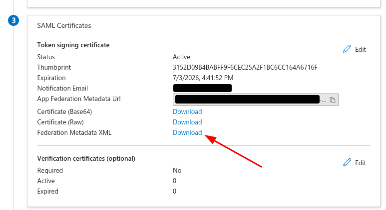 The third section of the SSO is shown, it is under the section title SAML certificates, and then Token signing certificate. There is an arrow pointing to the federation metadata xml link.