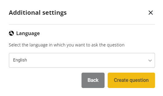 New question modal with "language" selection drop down and "create question" and "back" buttons.