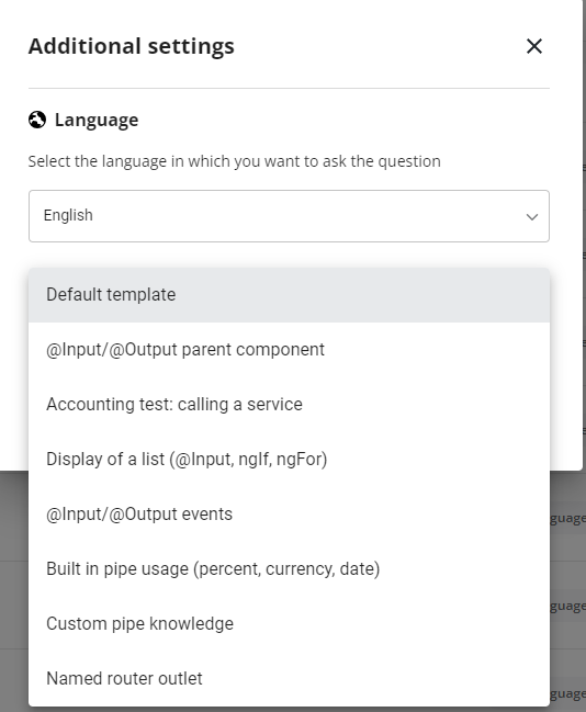 The template drop down is expanded with options for "Default template", "accounting test: calling a service", and "custom pipe knowledge" options shown.