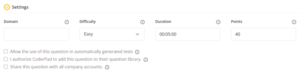 Settings for test question including fields for domain, difficulty, duration, and points.