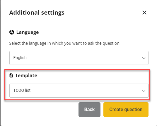 New question modal with a question type of programming exercise and a programming language filed with "English" selected and a "template" field displayed.