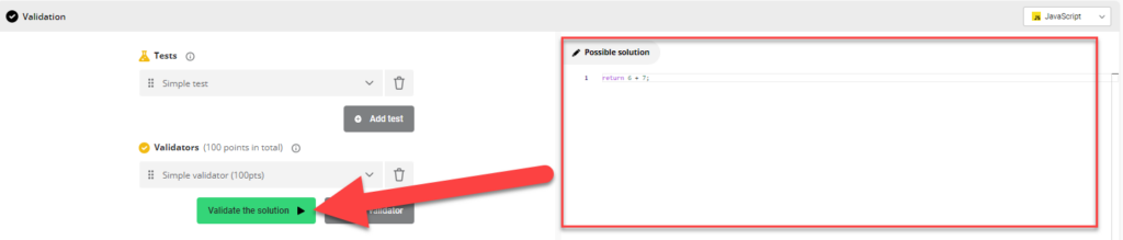 The validation section is shown with the possible solution box and validate the solution button highlighted.