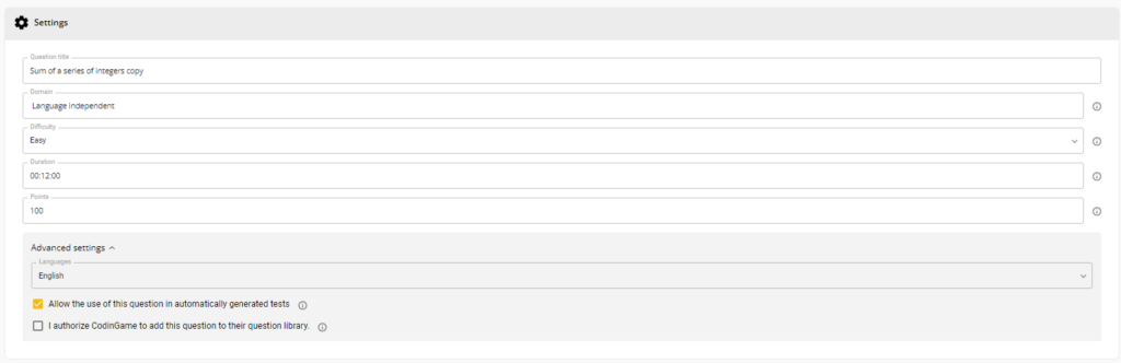 The settings section is shown with the the following fields: Question title, Question domain, Difficulty level, 
Duration, Point value, Language, Allow use of the question for test generation, Allow CoderPad to use the question for our question library.