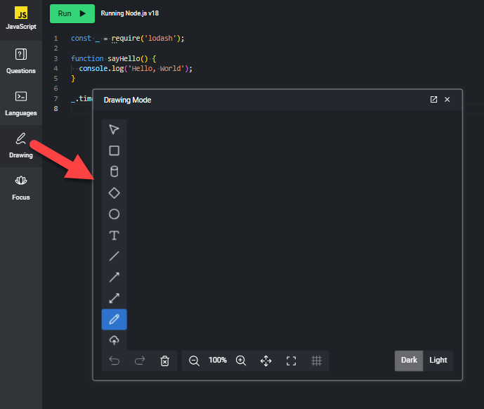 A pad displaying the drawing mode window.