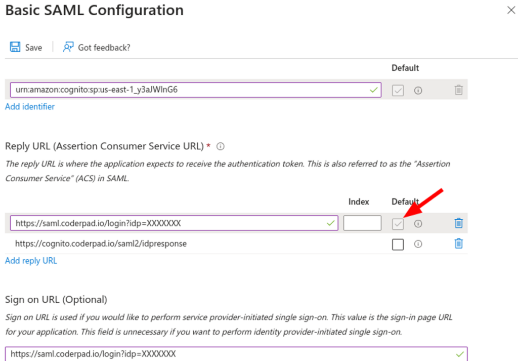 The basic saml configuration editing screen is shown. The first identifies is set as urn:amazon:cognito:sp:us-east-1_y3aJWInG6. The reply url is set as https://saml.coderpad.io/login?idp=XXXXXXX, and the default box is checked. The sign in url is set to the same url as the reply url.