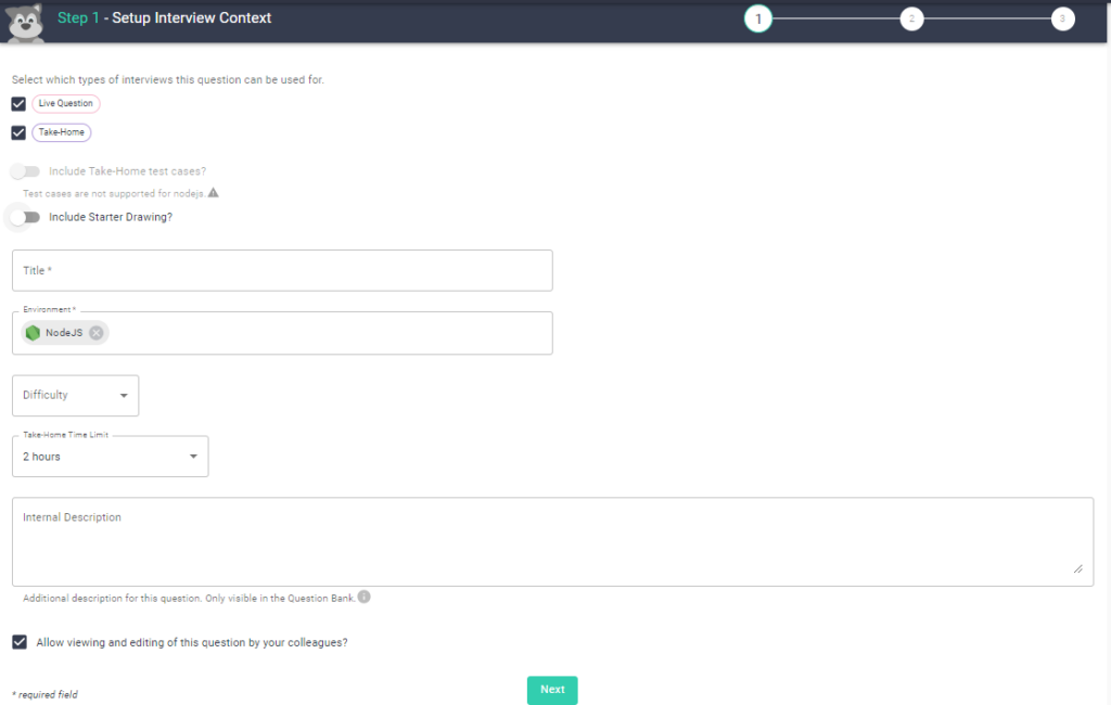 The set up interview context screen. Here you enter the title, add a starter drawing, language environment, difficulty, internal description, and if you want to allow others to edit the question.