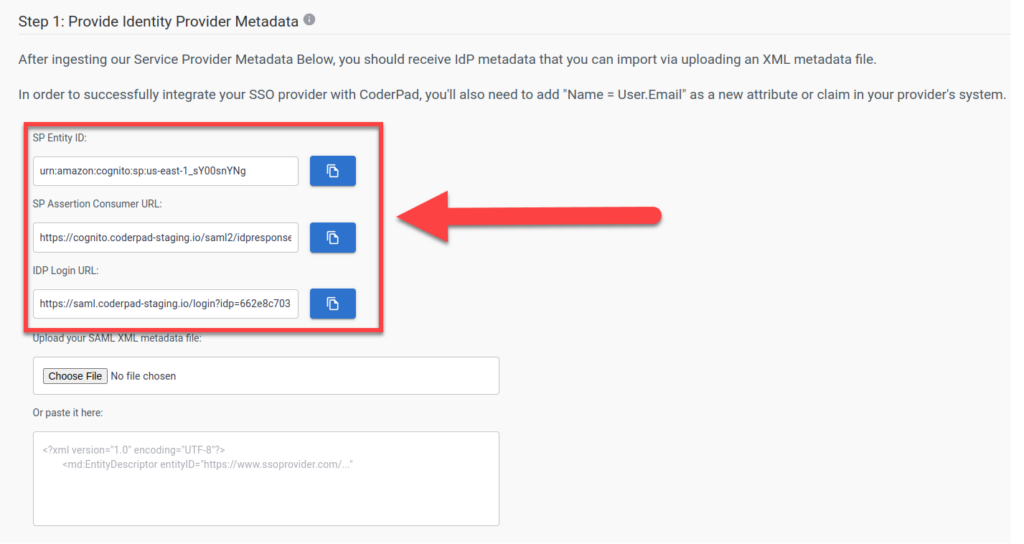 The "step 1: provide identity provider metadata" section with the SP entity id, sp assertion consumer url, and idp login url highlighted. 