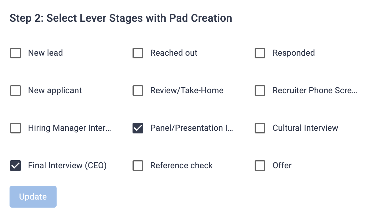 Window that says "Step 2: Select Lever Stages with Pad Creation" with a list of stages you can check and an "update" button at the bottom.