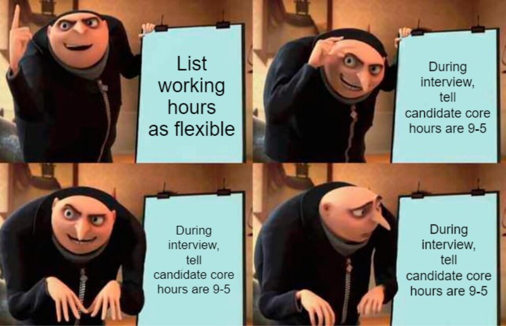 This image is a four-panel meme featuring Gru, a character from the animated movie "Despicable Me". In the first panel, Gru looks excited and is holding a sign that reads "List working hours as flexible". In the second and third panel, the sign reads "During interview, tell candidate core hours are 9-5", and Gru has a mischievous expression with one eyebrow raised. The fourth panel shows gru looking at the sign confused.