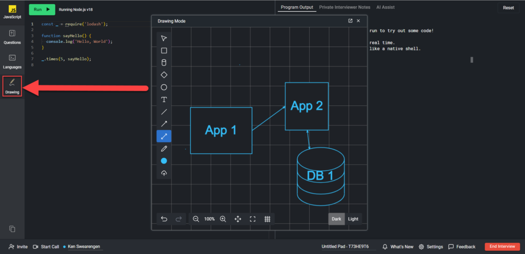 The draw button is highlighted in the left tab menu and the draw window is open in the center of the screen.